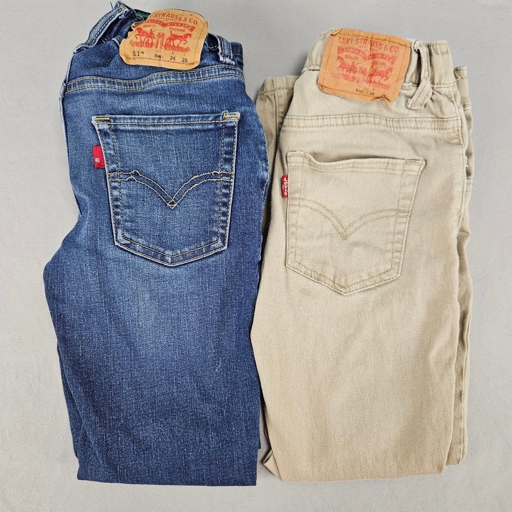 Levis Boys Sz 8 Pants Bundle 511 Slim Fit Blue Jeans and Tan Khaki Pull On Pant